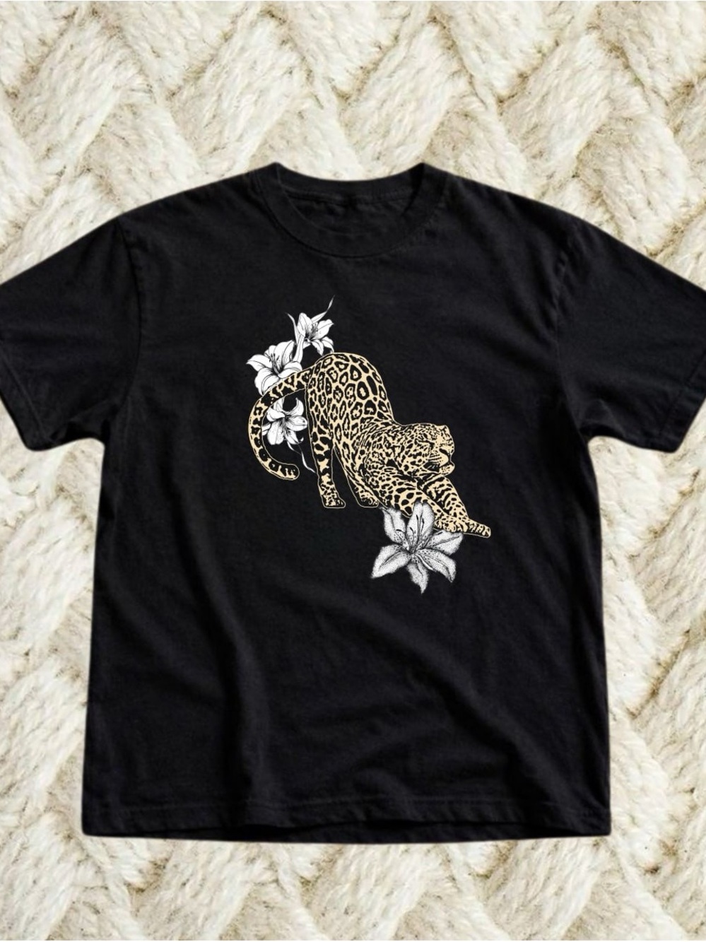 Gildan Black Tee with Leopard & White Floral Print